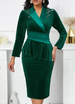 Blackish Green Velvet Long Sleeve Lapel Dress -Elegance Swimwear Store 341877 P 16984068721684