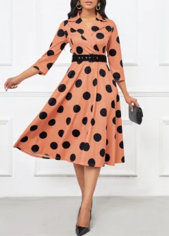 Light Coffee Umbrella Hem Polka Dot Belted Lapel Dress -Elegance Swimwear Store 341888 P 16990086505743
