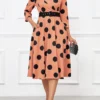 Light Coffee Umbrella Hem Polka Dot Belted Lapel Dress