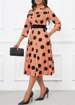 Light Coffee Umbrella Hem Polka Dot Belted Lapel Dress -Elegance Swimwear Store 341888 P 16990086508372