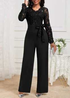 Black Lace Long Belted V Neck Jumpsuit -Elegance Swimwear Store 341901 P 16975370133074