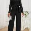 Black Lace Long Belted V Neck Jumpsuit