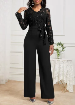 Black Lace Long Belted V Neck Jumpsuit -Elegance Swimwear Store 341901 P 16975370138243