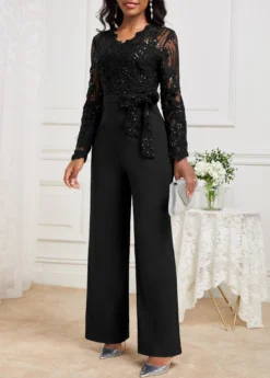 Black Lace Long Belted V Neck Jumpsuit -Elegance Swimwear Store 341901 P 16975370139192