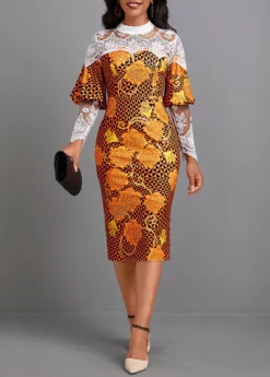 Orange Patchwork Random Floral Print Long Sleeve Dress -Elegance Swimwear Store 341919 P 16975369942864