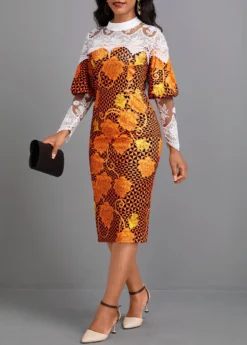 Orange Patchwork Random Floral Print Long Sleeve Dress -Elegance Swimwear Store 341919 P 16975369943362