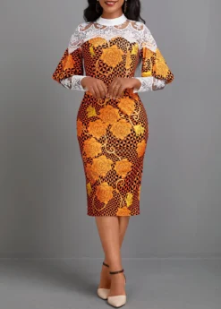 Orange Patchwork Random Floral Print Long Sleeve Dress -Elegance Swimwear Store 341919 P 16975369948503