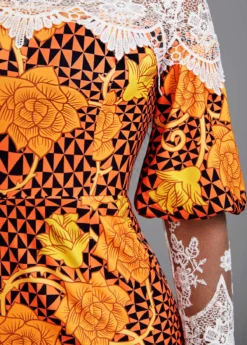Orange Patchwork Random Floral Print Long Sleeve Dress -Elegance Swimwear Store 341919 P 16975369950265