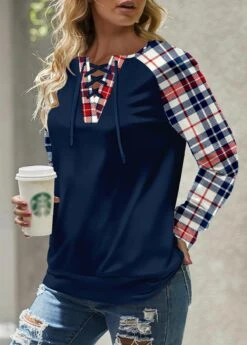 Plus Size Navy Patchwork Plaid Long Sleeve Sweatshirt