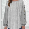 Plus Size Grey Button Long Sleeve Round Neck Sweatshirt