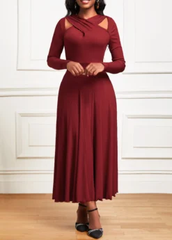 Wine Red Criss Cross Long Sleeve Maxi Dress -Elegance Swimwear Store 342451 P 16958089451413