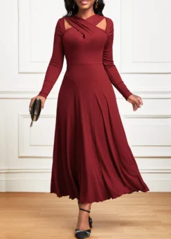 Wine Red Criss Cross Long Sleeve Maxi Dress