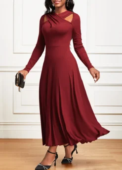 Wine Red Criss Cross Long Sleeve Maxi Dress -Elegance Swimwear Store 342451 P 16958089459552