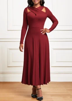 Wine Red Criss Cross Long Sleeve Maxi Dress -Elegance Swimwear Store 342451 P 16958089465124