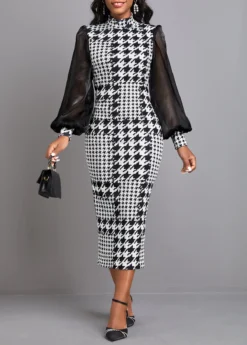 Black Split Plaid Long Sleeve High Neck Bodycon Dress -Elegance Swimwear Store 342452 P 16956398151124