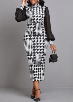 Black Split Plaid Long Sleeve High Neck Bodycon Dress