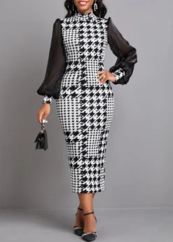 Black Split Plaid Long Sleeve High Neck Bodycon Dress -Elegance Swimwear Store 342452 P 16956398157493