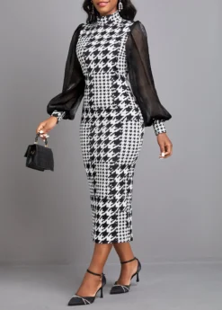 Black Split Plaid Long Sleeve High Neck Bodycon Dress -Elegance Swimwear Store 342452 P 16956398158422