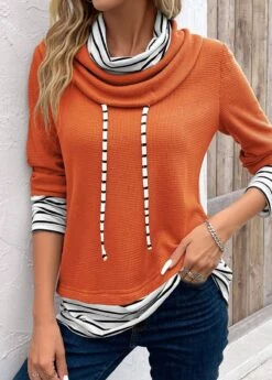 Plus Size Orange Patchwork Striped Long Sleeve Sweatshirt -Elegance Swimwear Store 342568 P 16967445886144