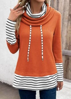 Plus Size Orange Patchwork Striped Long Sleeve Sweatshirt -Elegance Swimwear Store 342568 P 16967445887262