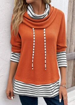 Plus Size Orange Patchwork Striped Long Sleeve Sweatshirt