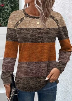 Plus Size Dark Camel Button Striped T Shirt -Elegance Swimwear Store 342775 P 1694680489863