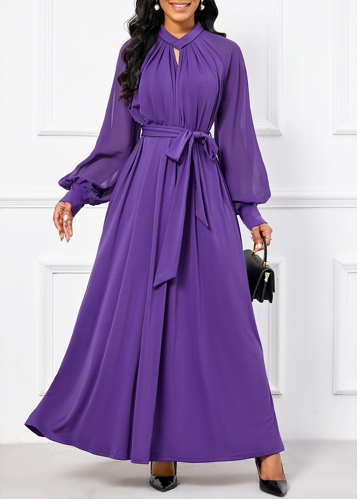 Purple Criss Cross Belted Long Sleeve Maxi Dress 1 Purple Criss Cross Belted Long Sleeve Maxi Dress