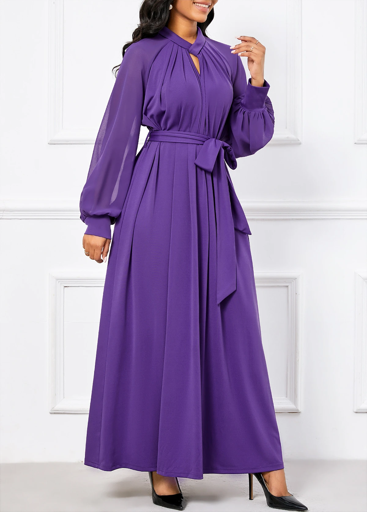 Purple Criss Cross Belted Long Sleeve Maxi Dress 3 Purple Criss Cross Belted Long Sleeve Maxi Dress - Image 3