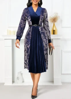 Navy Velvet Tribal Print Belted Long Sleeve Dress
