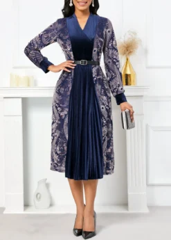 Navy Velvet Tribal Print Belted Long Sleeve Dress -Elegance Swimwear Store 342863 P 16984069879923