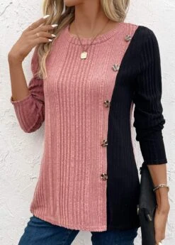 Plus Size Black Patchwork Long Sleeve T Shirt -Elegance Swimwear Store 343145 P 16967445894303