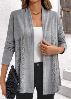 Plus Size Grey Patchwork Long Sleeve Cardigan -Elegance Swimwear Store 343199 P 16967445892132