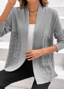 Plus Size Grey Patchwork Long Sleeve Cardigan -Elegance Swimwear Store 343199 P 16967445896065