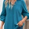 Plus Size Peacock Blue Ruched Long Sleeve Blouse