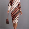 Dark Coffee Asymmetry Striped Long Sleeve Bodycon Dress