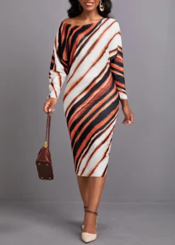Dark Coffee Asymmetry Striped Long Sleeve Bodycon Dress