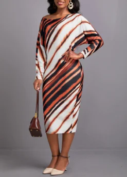 Dark Coffee Asymmetry Striped Long Sleeve Bodycon Dress -Elegance Swimwear Store 343855 P 16975966408282