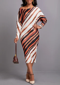 Dark Coffee Asymmetry Striped Long Sleeve Bodycon Dress -Elegance Swimwear Store 343855 P 16975966408403