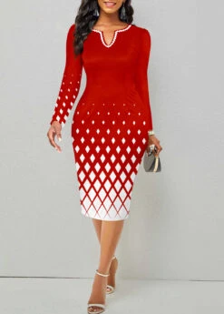 Plus Size Red Split Geometric Print Bodycon Dress -Elegance Swimwear Store 344555 P 1697535298981