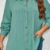 Mint Green Button Plus Size Long Sleeve Blouse