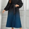 Peacock Blue Pleated Plus Size Ombre Belted Dress