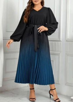 Peacock Blue Pleated Plus Size Ombre Belted Dress