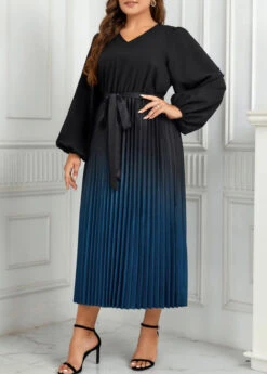 Peacock Blue Pleated Plus Size Ombre Belted Dress -Elegance Swimwear Store 345408 P 1698664181221