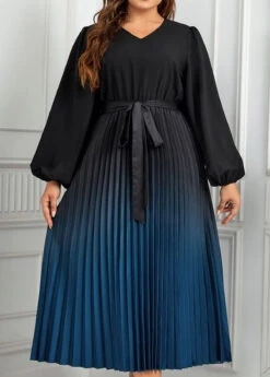 Peacock Blue Pleated Plus Size Ombre Belted Dress -Elegance Swimwear Store 345408 P 1698664181996