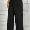 Black Button Plus Size Elastic Waist High Waisted Pants