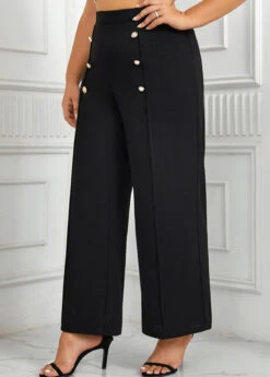 Black Button Plus Size Elastic Waist High Waisted Pants