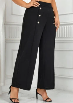 Black Button Plus Size Elastic Waist High Waisted Pants -Elegance Swimwear Store 345411 P 1698834863434