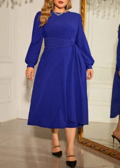 Dark Blue Plus Size Long Sleeve Round Neck Dress -Elegance Swimwear Store 345413 P 1698664255135