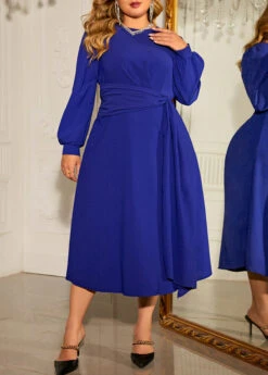 Dark Blue Plus Size Long Sleeve Round Neck Dress -Elegance Swimwear Store 345413 P 1698664255782