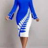 Royal Blue Patchwork Leaf Print Bodycon Dress